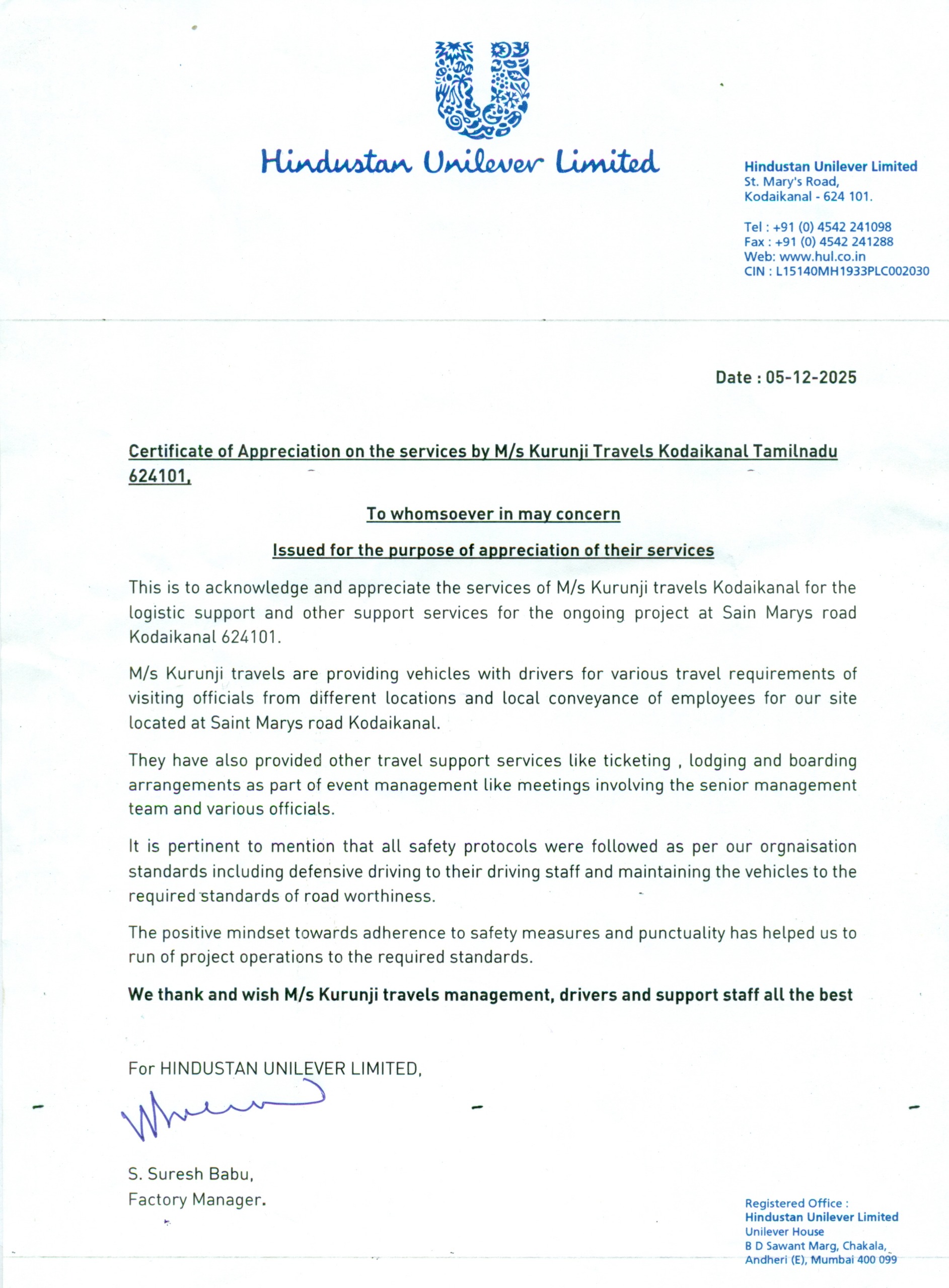 Certificate of Appreciation - Kurinji Travels